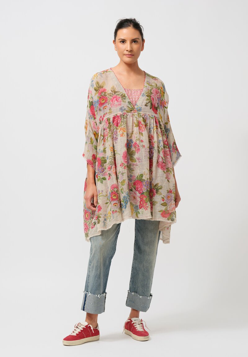 Péro Gathered Floral Linen Tunic in Rose Bouquet