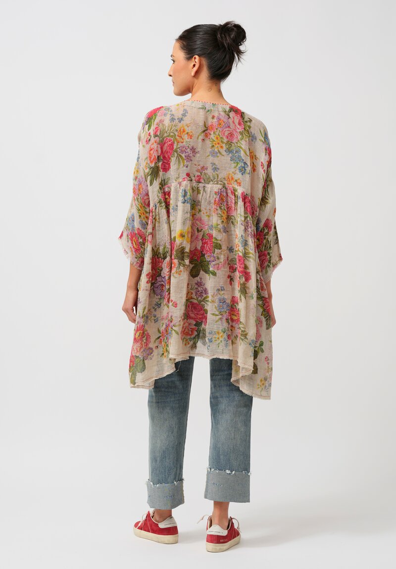 Péro Gathered Floral Linen Tunic in Rose Bouquet