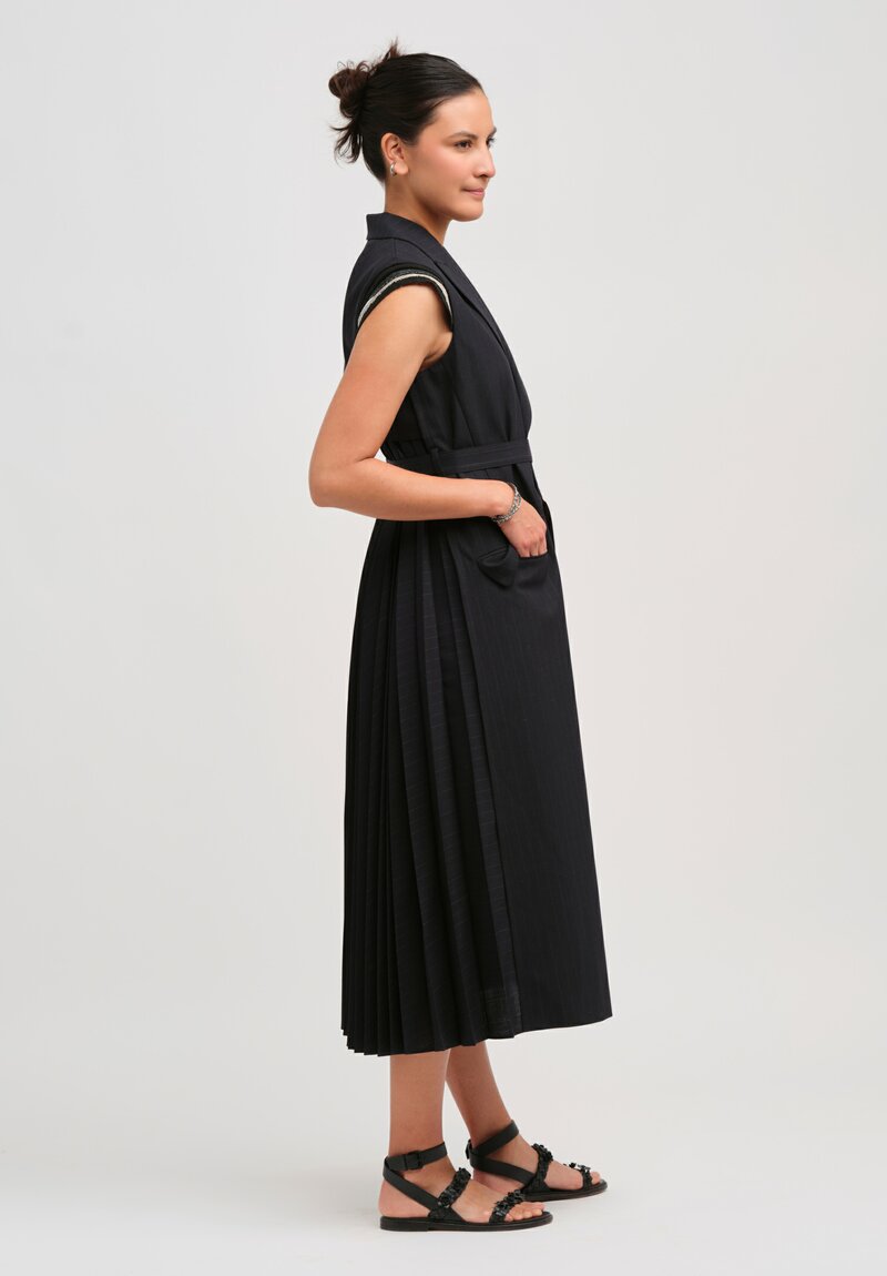 Sacai Pleated Waistcoat Dress in Black Chalk Stripe	