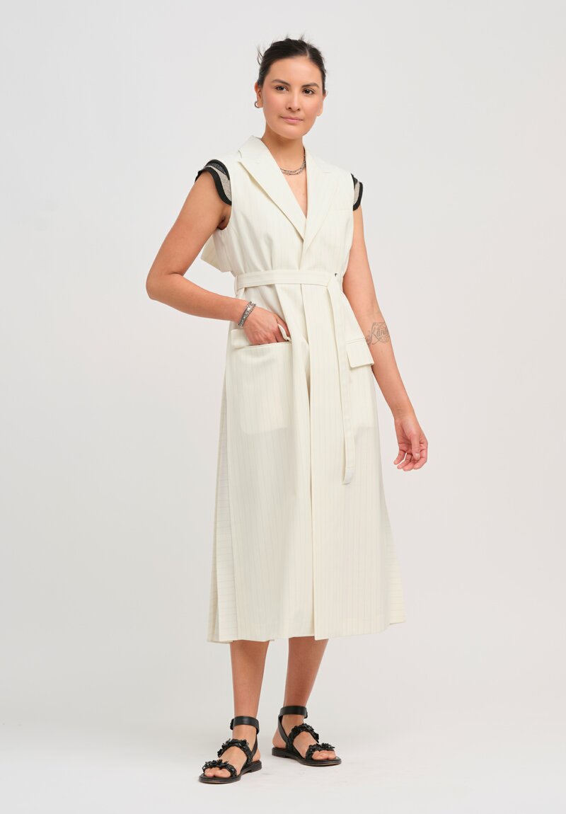 Sacai Pleated Waistcoat Dress in White Chalk Stripe	