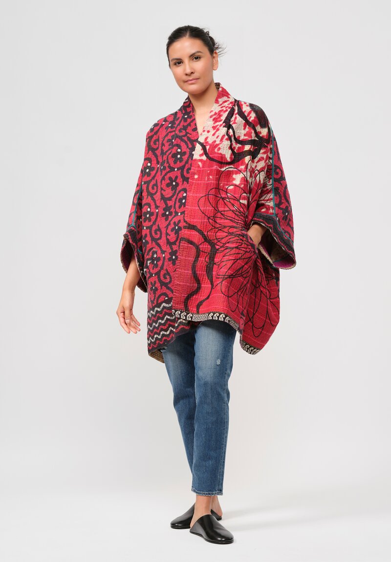 Mieko Mintz Vintage Cotton Kantha Cape in Red & Purple Floral