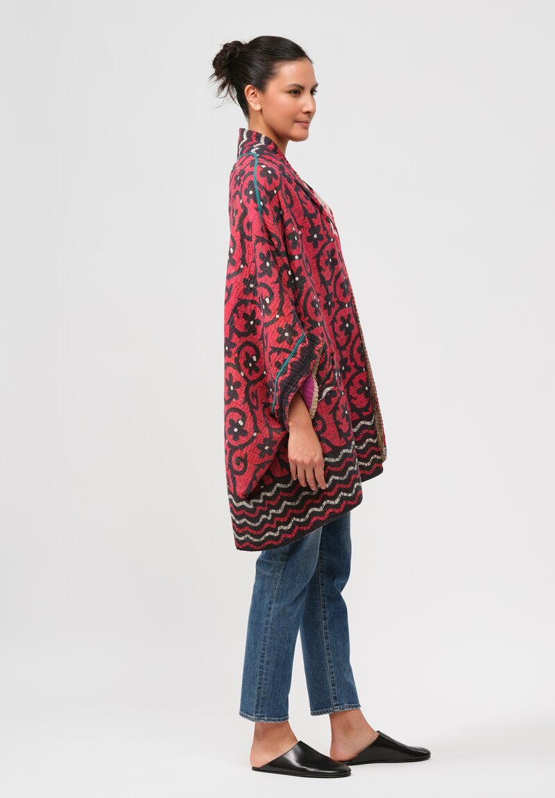 Mieko Mintz Vintage Cotton Kantha Cape in Red & Purple Floral