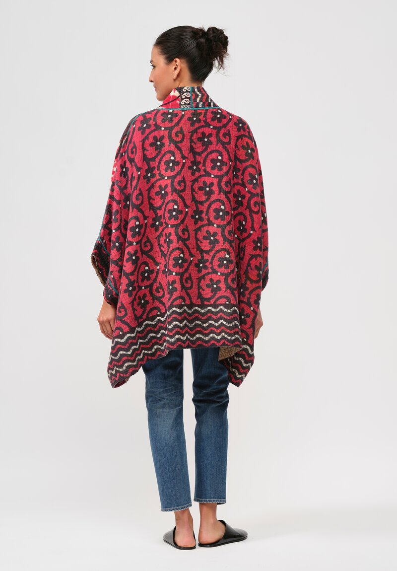 Mieko Mintz Vintage Cotton Kantha Cape in Red & Purple Floral