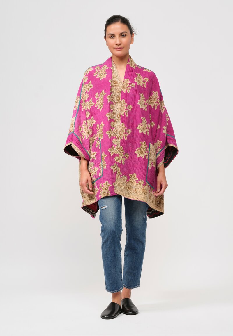 Mieko Mintz Vintage Cotton Kantha Cape in Red & Purple Floral