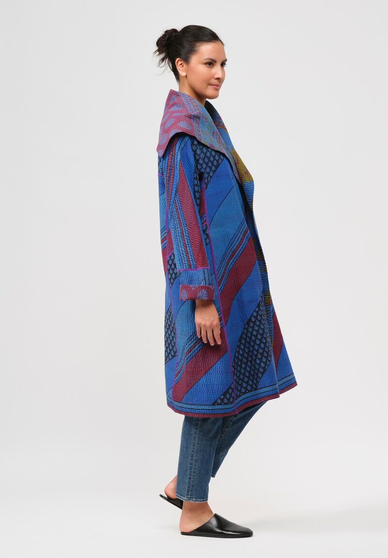 Mieko Mintz Vintage Cotton Overdyed A-Line Coat in Red & Blue Damask	