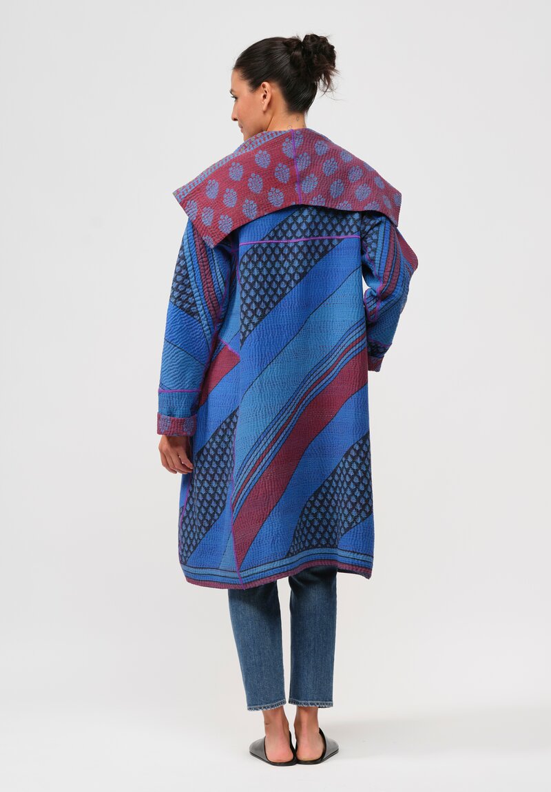 Mieko Mintz Vintage Cotton Overdyed A-Line Coat in Red & Blue Damask	