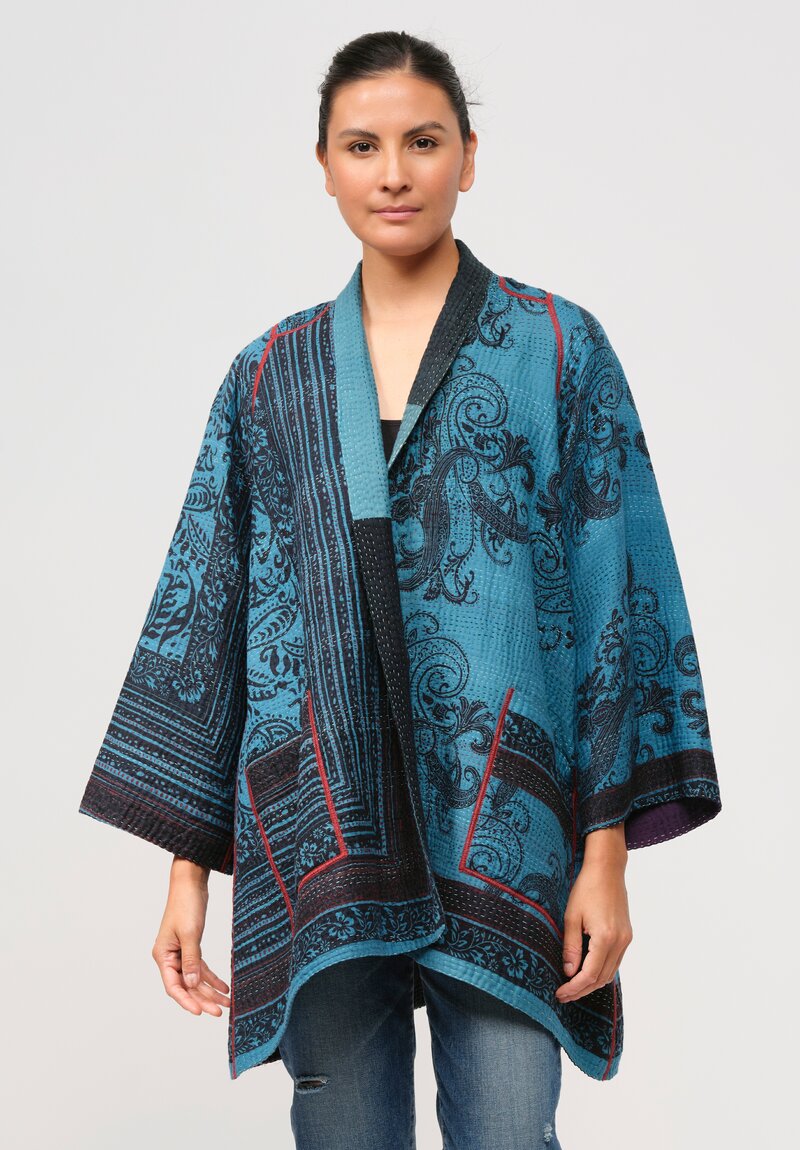 Mieko Mintz Vintage Cotton Overdyed Kantha Jacket in Black & Blue Paisley	