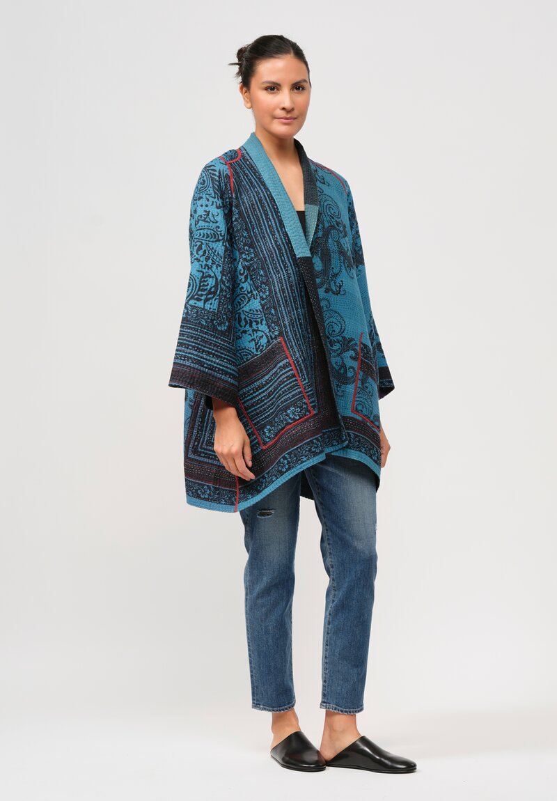 Mieko Mintz Vintage Cotton Overdyed Kantha Jacket in Black & Blue Paisley	