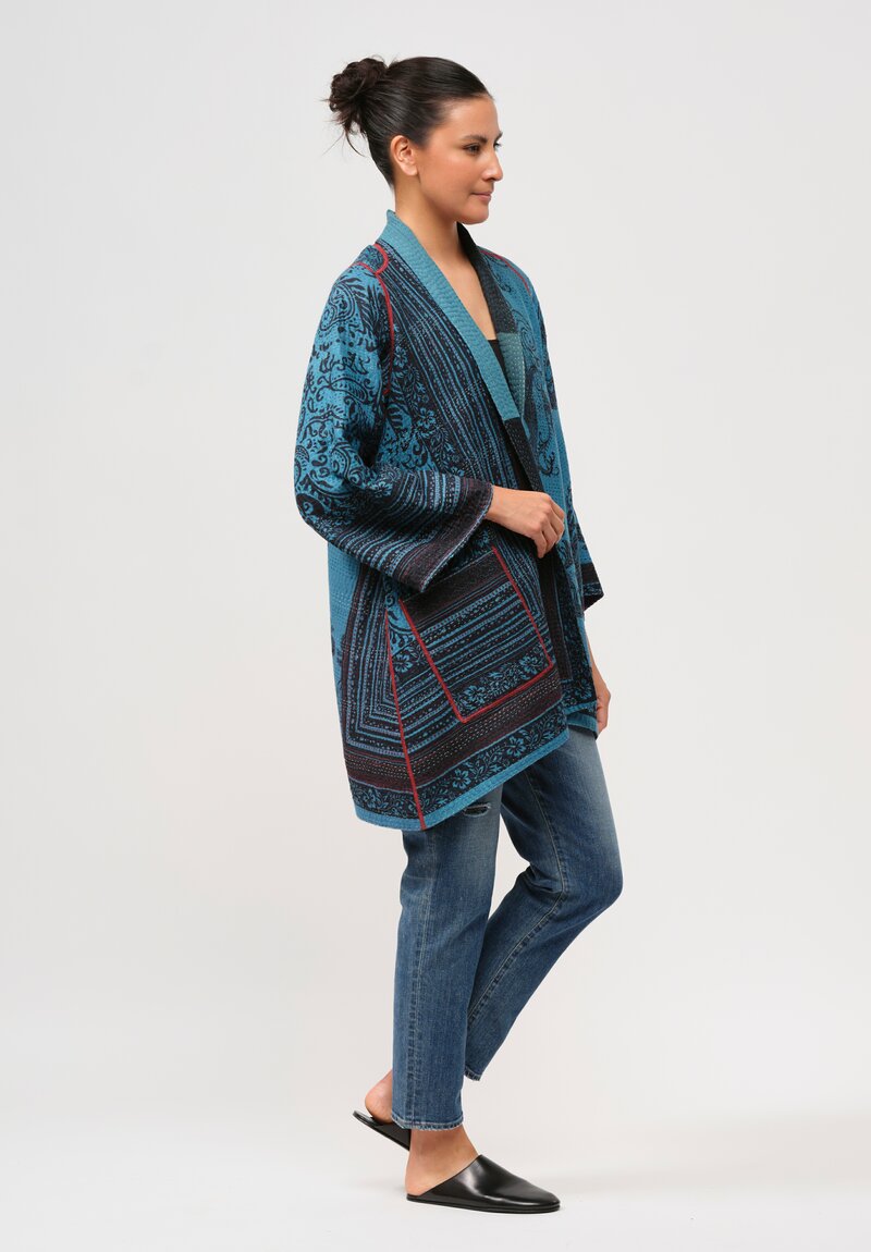 Mieko Mintz Vintage Cotton Overdyed Kantha Jacket in Black & Blue Paisley	