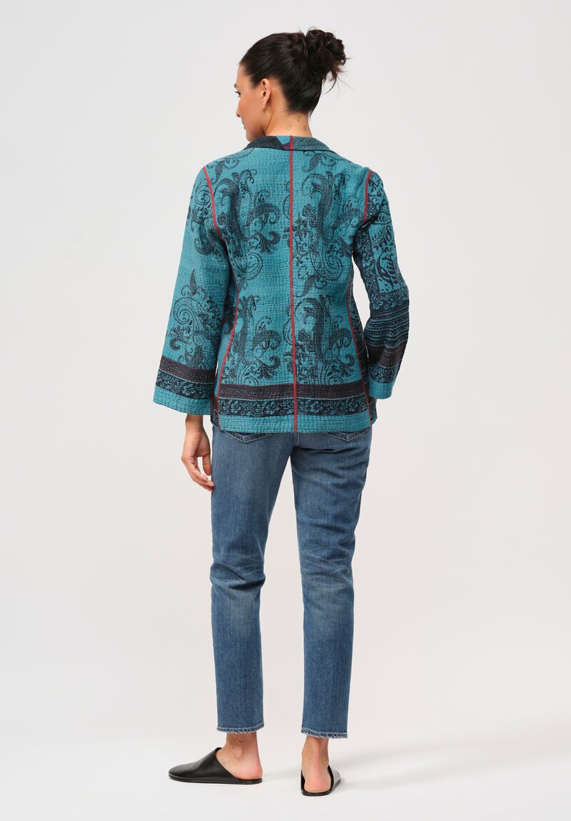 Mieko Mintz Short Vintage Cotton Kantha Jacket in Black & Blue Paisley	