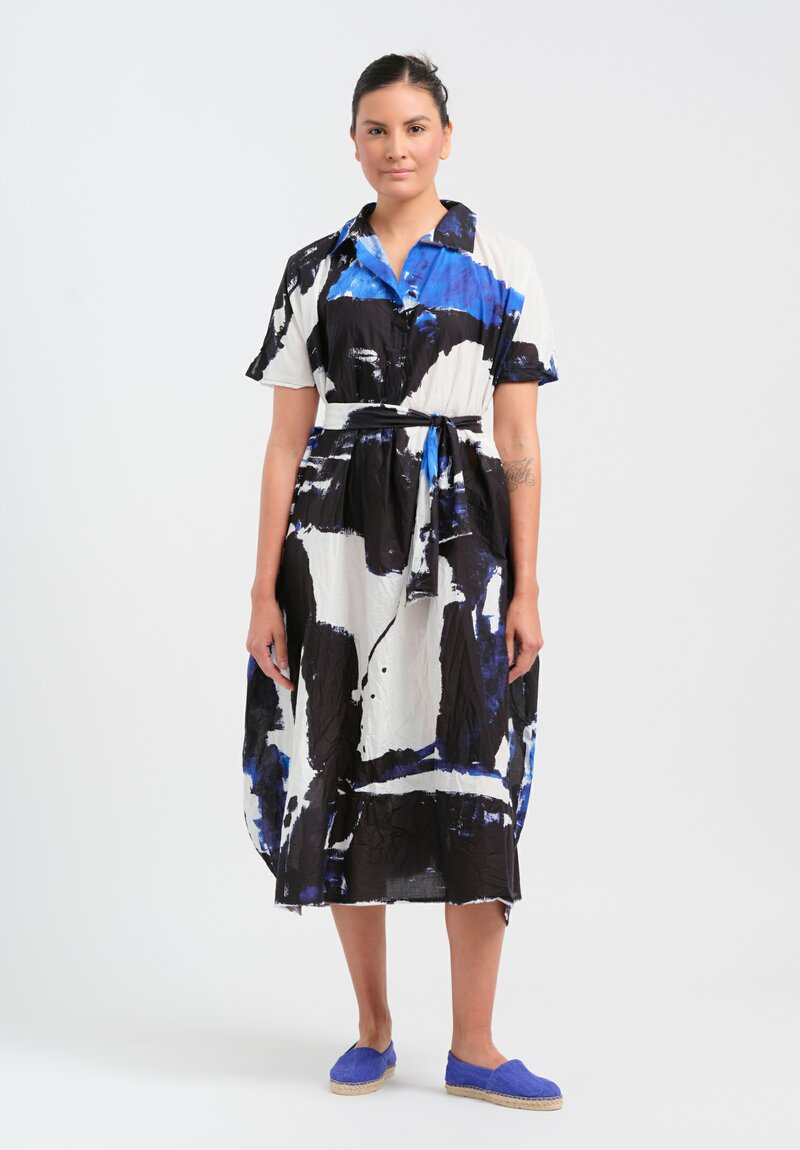 Daniela Gregis Washed Cotton Printed Manichina Dress in Isole Drawing Blue	