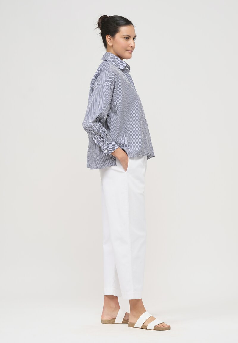 Daniela Gregis Washed Cotton Cropped Uomo Larga Shirt in White & Blue Stripe