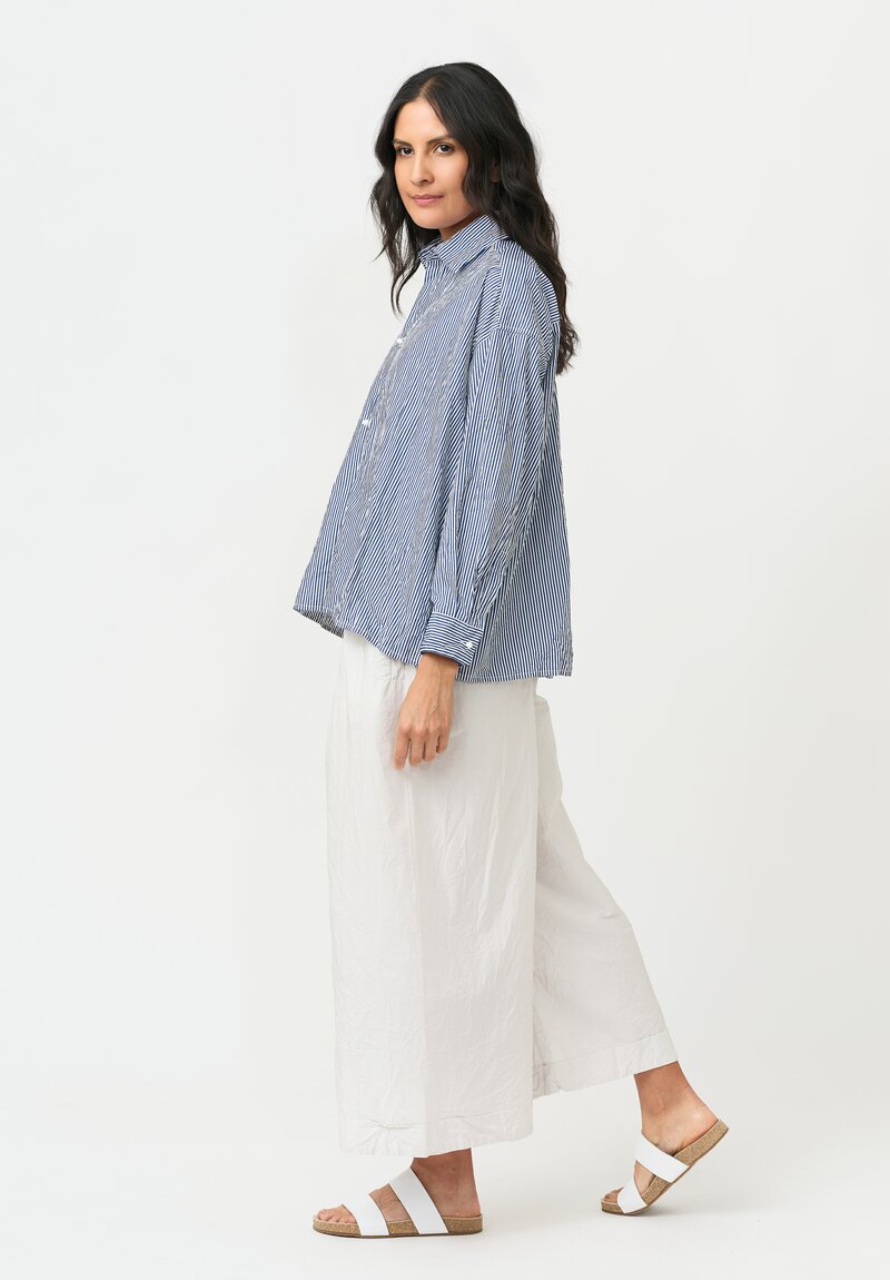 Daniela Gregis Washed Cotton Cropped Uomo Larga Shirt in White & Blue Stripe