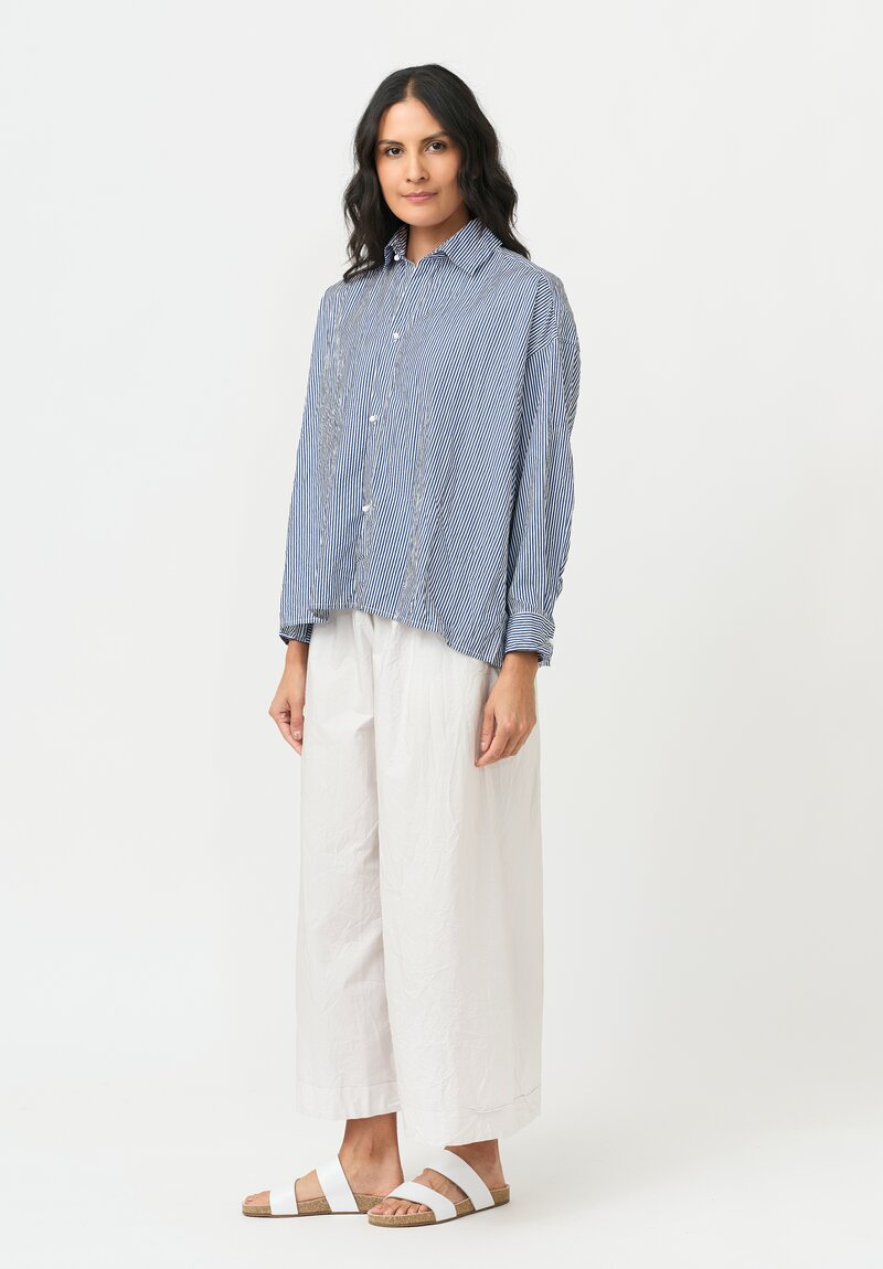 Daniela Gregis Washed Cotton Cropped Uomo Larga Shirt in White & Blue Stripe