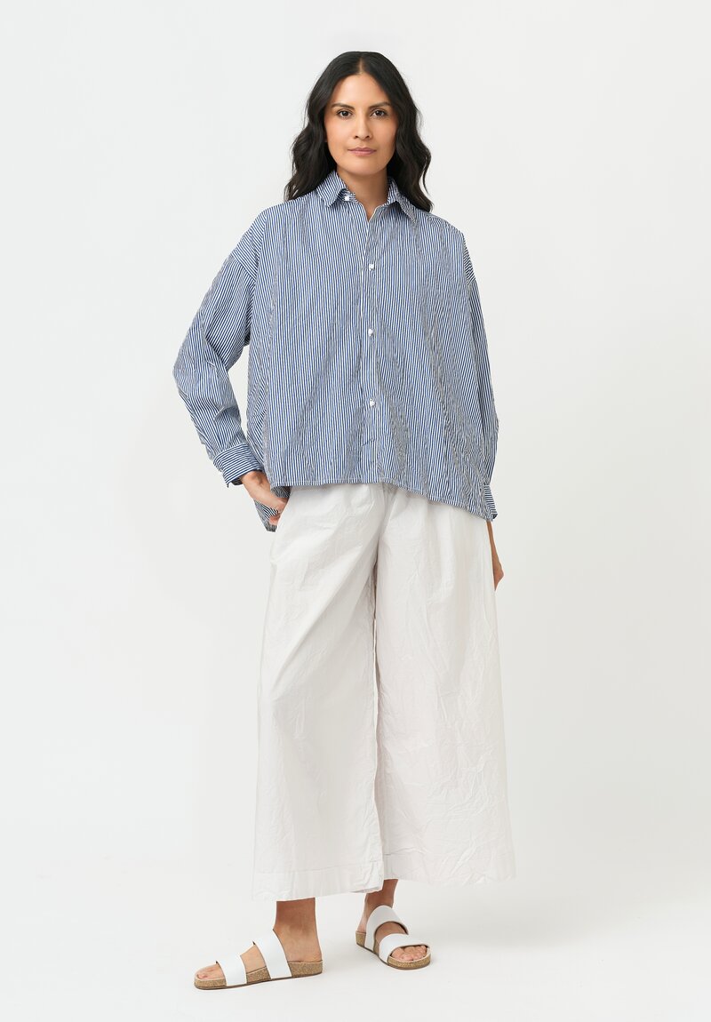 Daniela Gregis Washed Cotton Cropped Uomo Larga Shirt in White & Blue Stripe