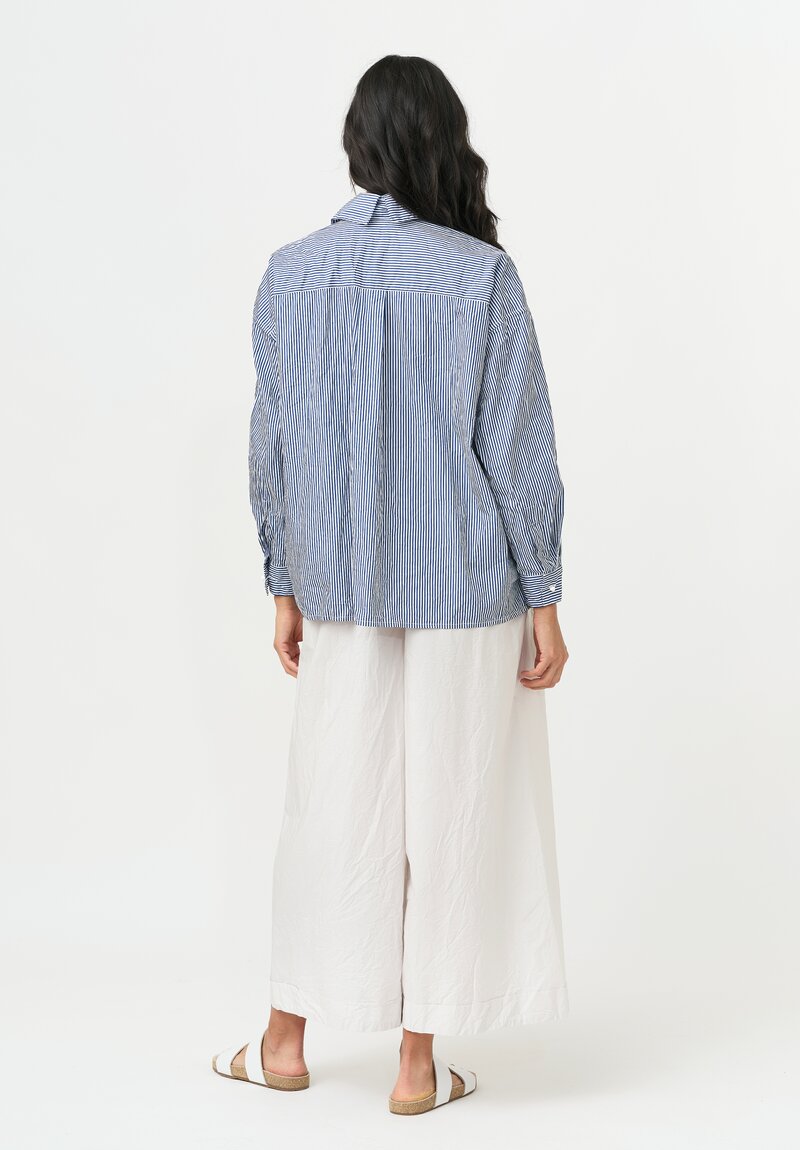 Daniela Gregis Washed Cotton Cropped Uomo Larga Shirt in White & Blue Stripe