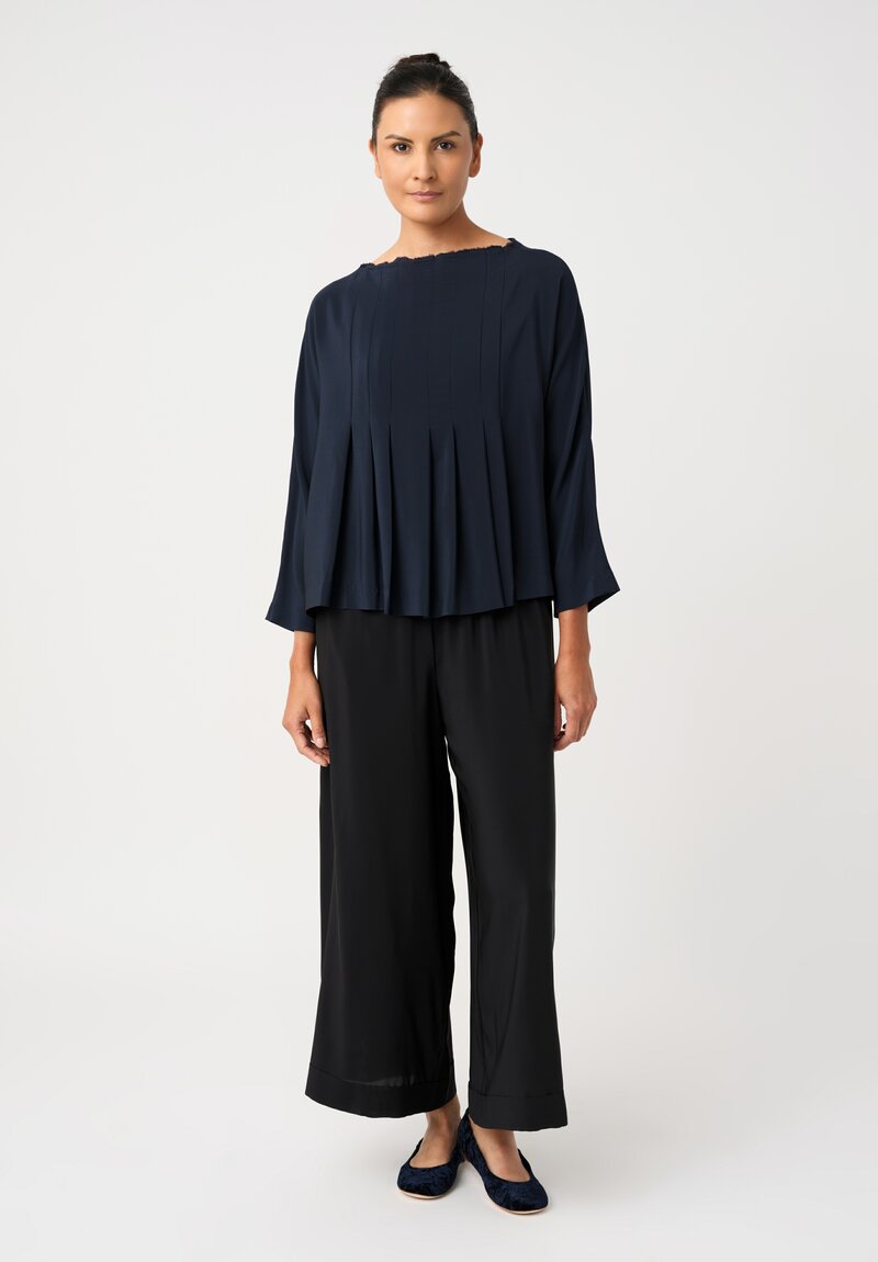 Daniela Gregis Lightly Sheer Silk Wide Leg High Waist Pigiama Tasche Pants with Slightly Cropped Ankle Length Hemline in Black Front View