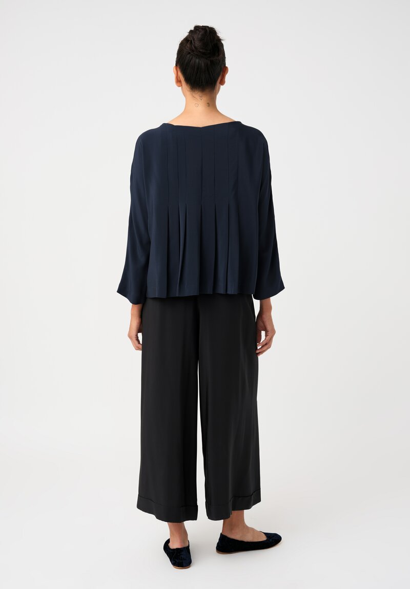 Daniela Gregis Lightly Sheer Silk Wide Leg High Waist Pigiama Tasche Pants with Slightly Cropped Ankle Length Hemline in Black Back View