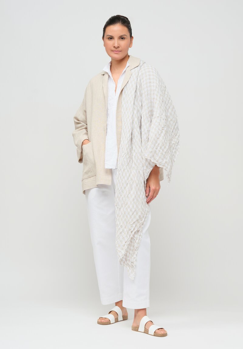 Daniela Gregis Washed Linen Shawl in White & Sabbia Natural Check	