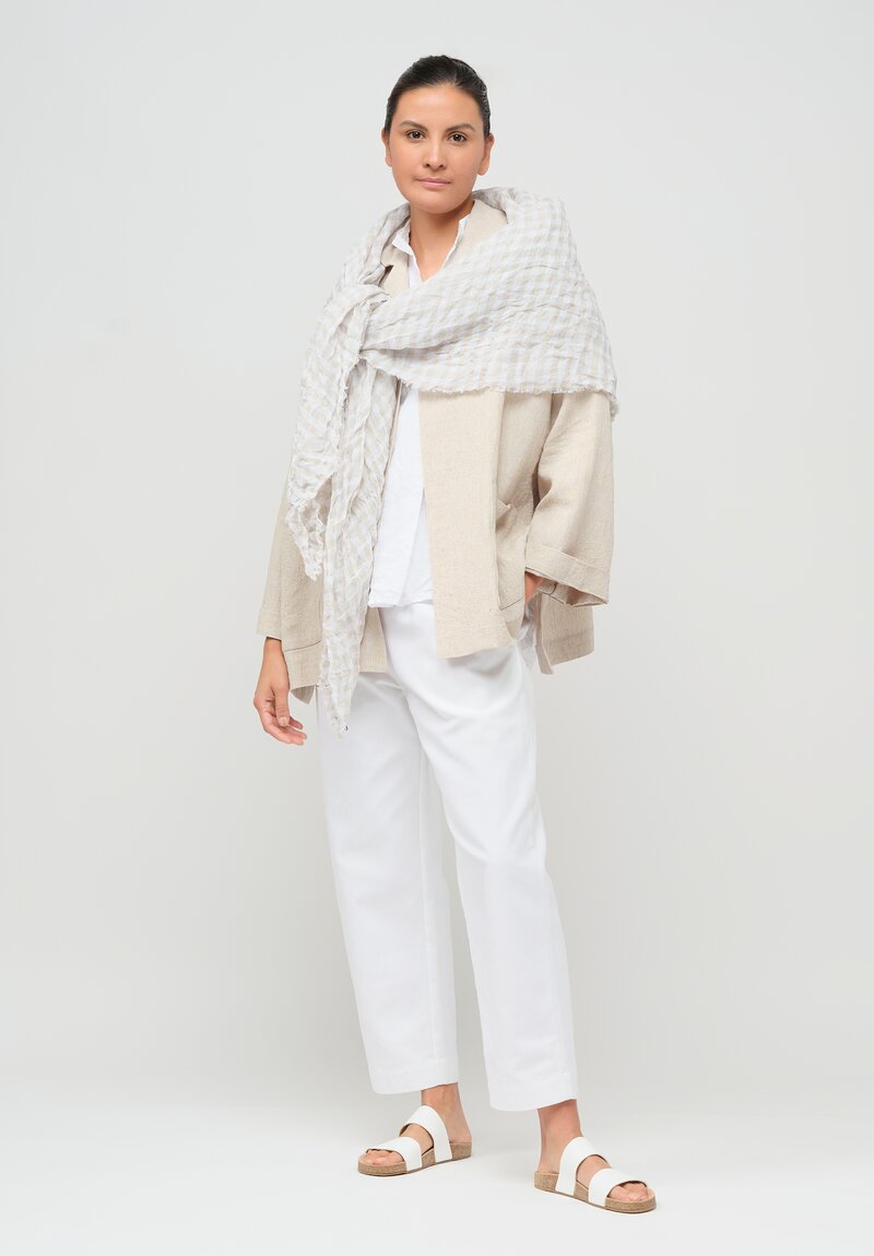 Daniela Gregis Washed Linen Shawl in White & Sabbia Natural Check	