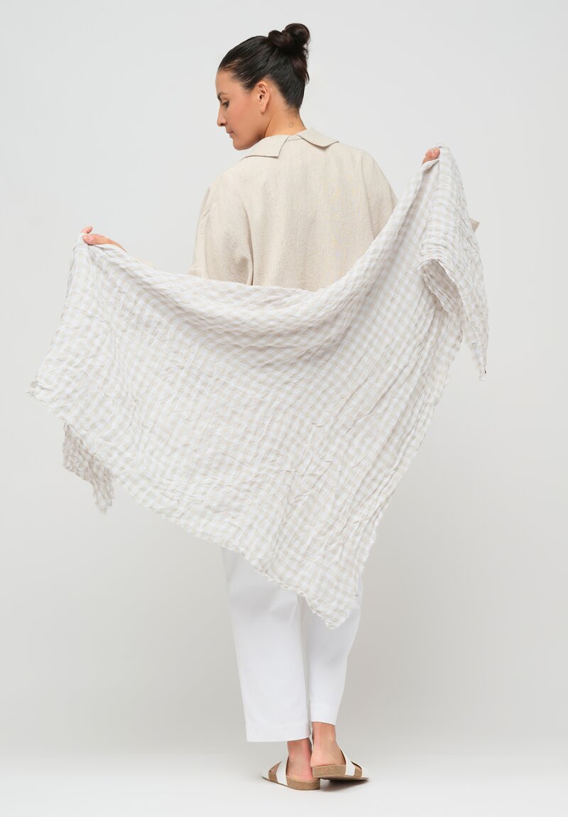 Daniela Gregis Washed Linen Shawl in White & Sabbia Natural Check	