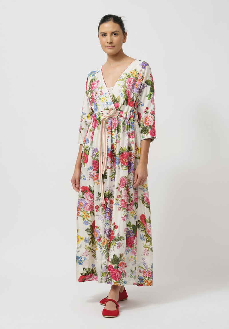 Péro Gathered Silk Wrap Dress in Cream Rose Bouquet