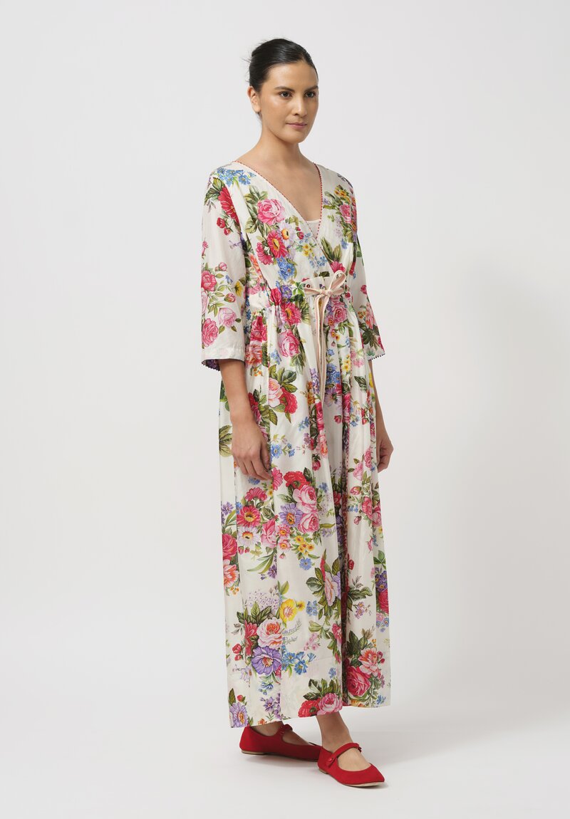 Péro Gathered Silk Wrap Dress in Cream Rose Bouquet