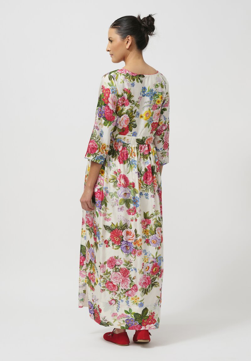 Péro Gathered Silk Wrap Dress in Cream Rose Bouquet