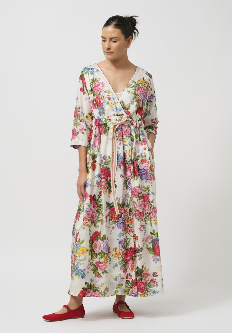 Péro Gathered Silk Wrap Dress in Cream Rose Bouquet