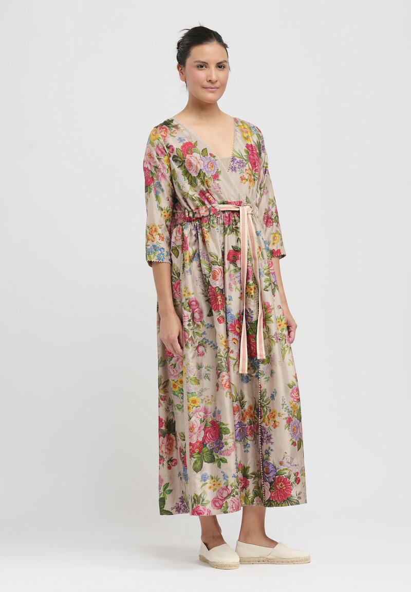 Péro Gathered Silk Wrap Dress in Natural Rose Bouquet	