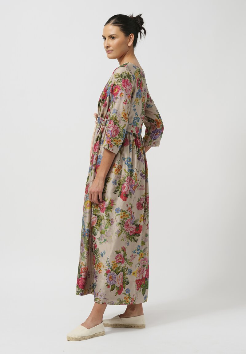 Péro Gathered Silk Wrap Dress in Natural Rose Bouquet