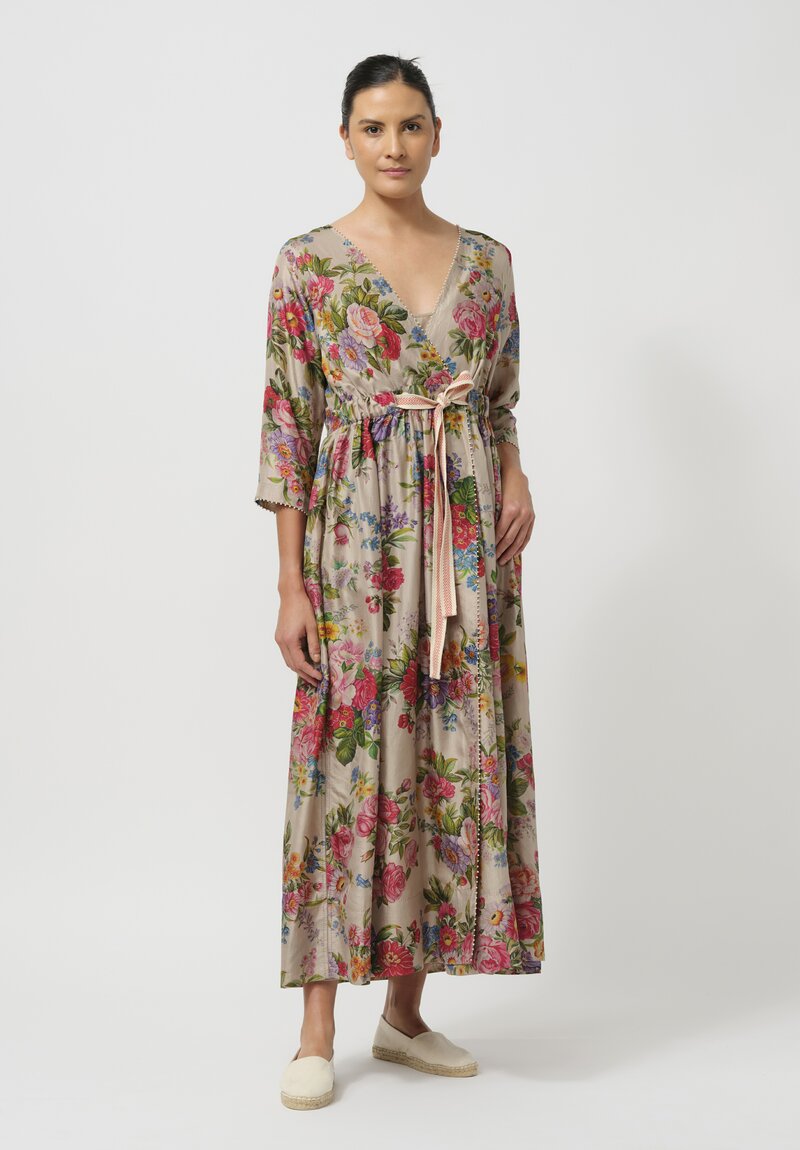 Péro Gathered Silk Wrap Dress in Natural Rose Bouquet