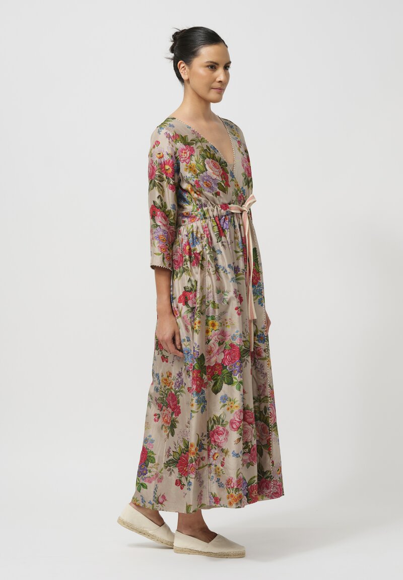 Péro Gathered Silk Wrap Dress in Natural Rose Bouquet