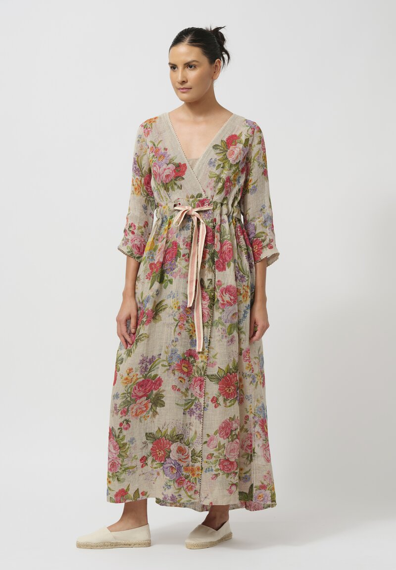 Péro Gathered Linen Wrap Dress in Rose Bouquet