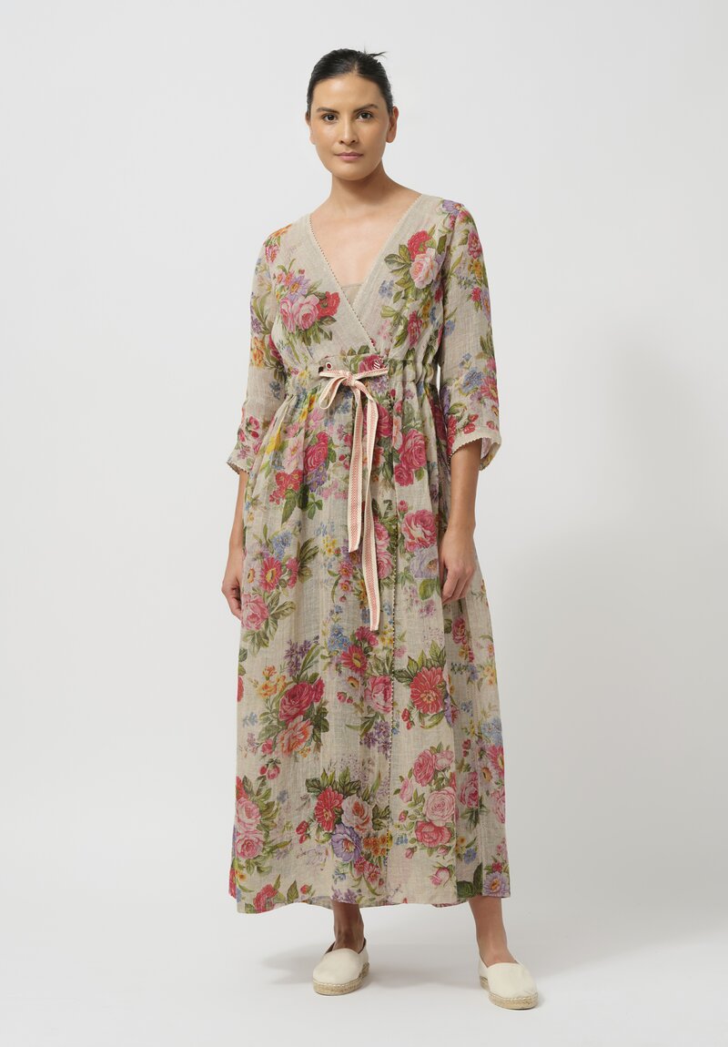 Péro Gathered Linen Wrap Dress in Rose Bouquet