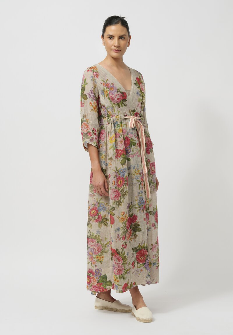 Péro Gathered Linen Wrap Dress in Rose Bouquet