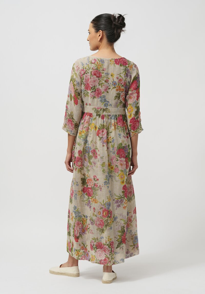 Péro Gathered Linen Wrap Dress in Rose Bouquet