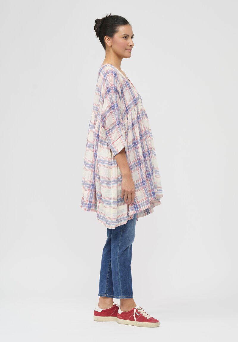 Péro Gathered Floral Cotton & Silk Tunic in Cream Gingham	