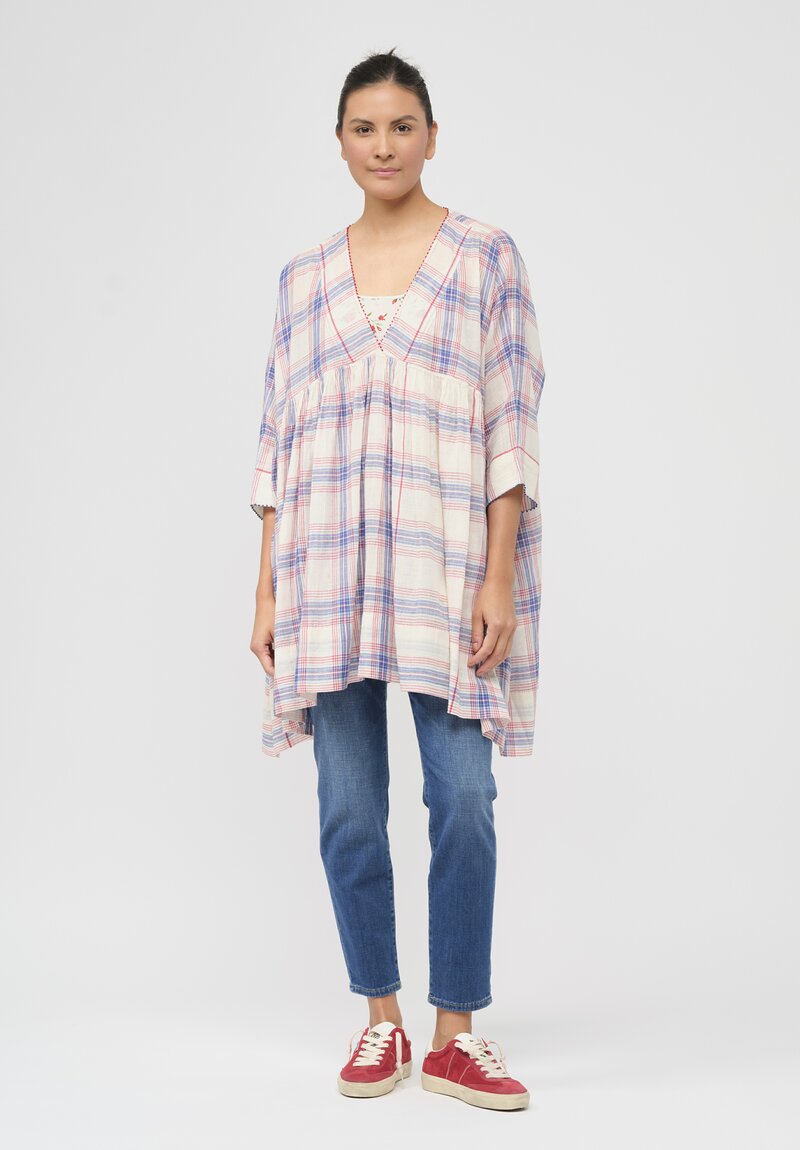 Péro Gathered Floral Cotton & Silk Tunic in Cream Gingham	