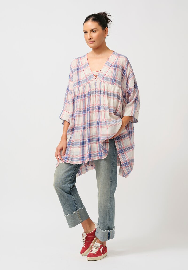 Péro Gathered Floral Cotton & Silk Tunic in Cream Madras Plaid