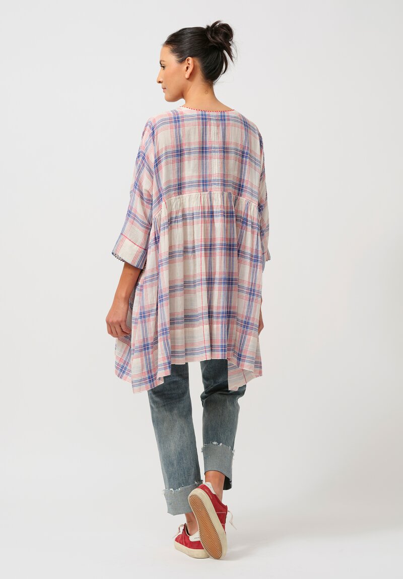 Péro Gathered Floral Cotton & Silk Tunic in Cream Madras Plaid