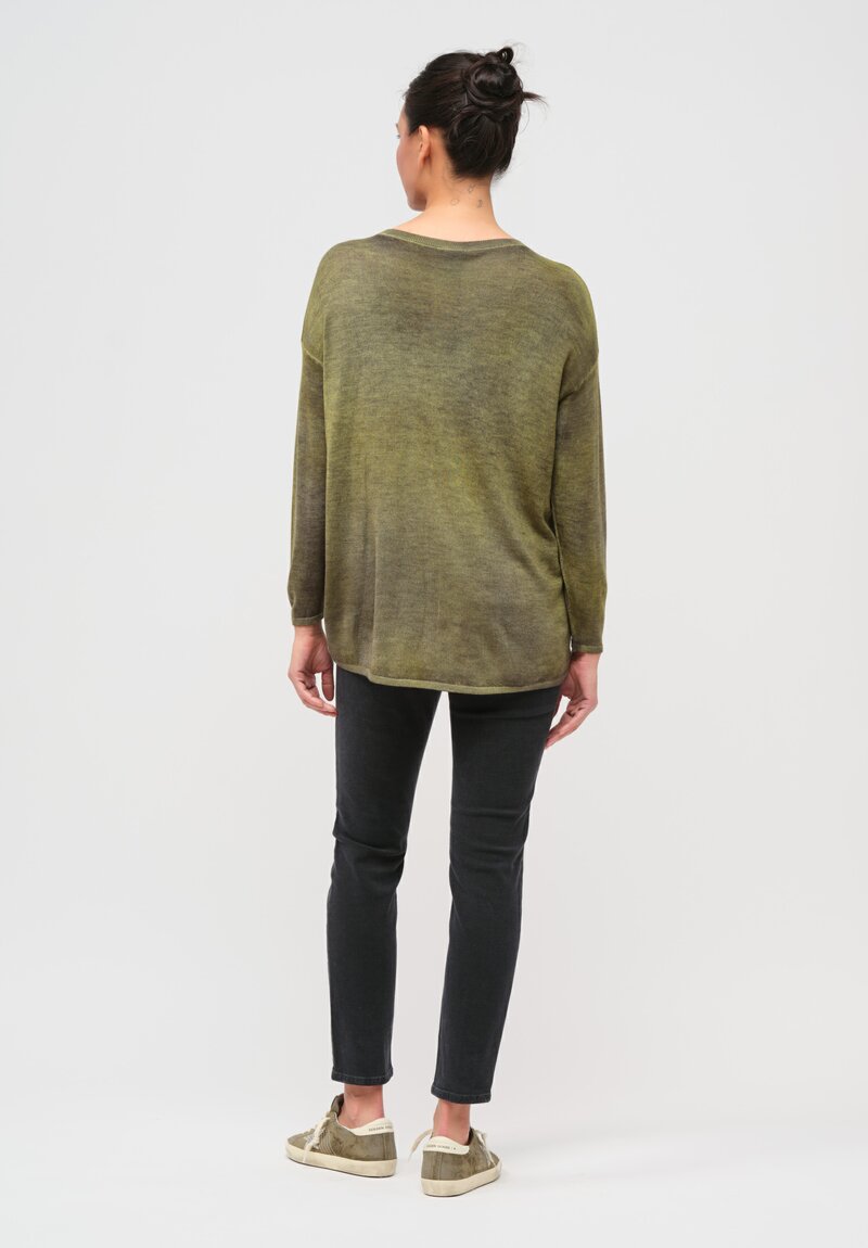 Avant Toi Hand-Painted Cashmere & Silk Crewneck Sweater in Nero Lime Green	