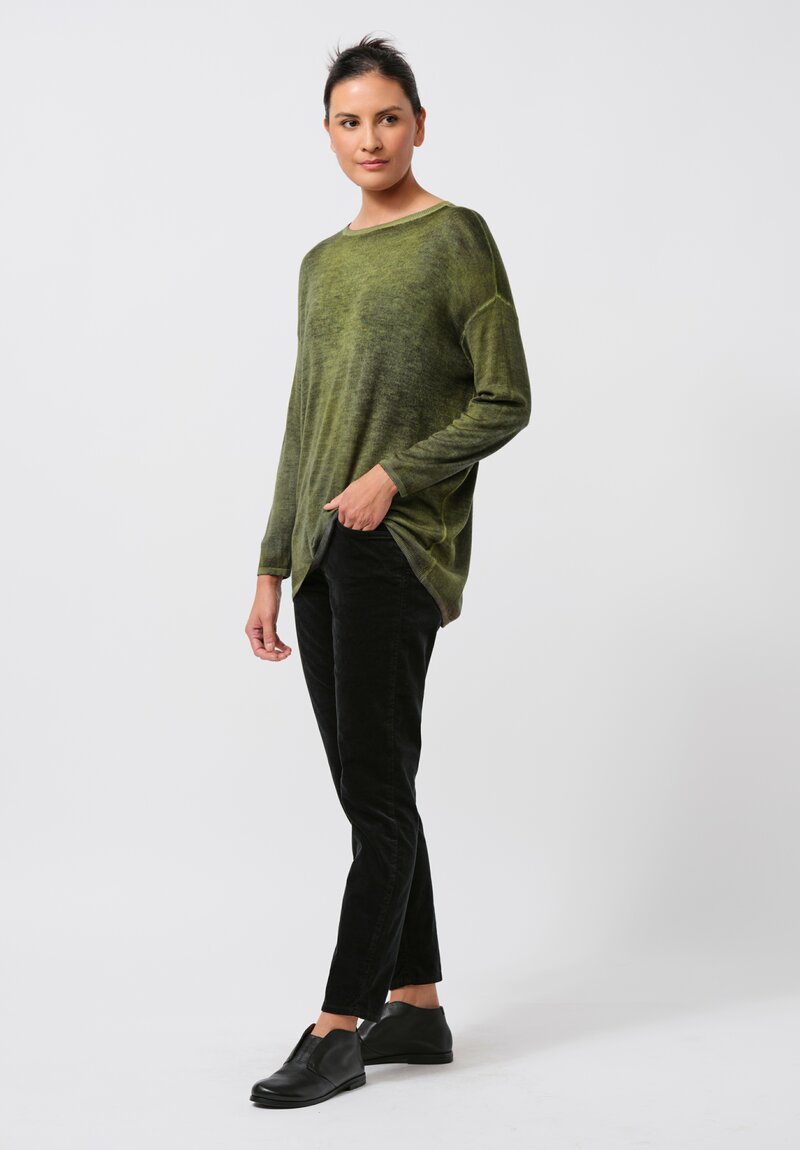 Avant Toi Hand-Painted Cashmere & Silk Crewneck Sweater in Nero Lime Green	