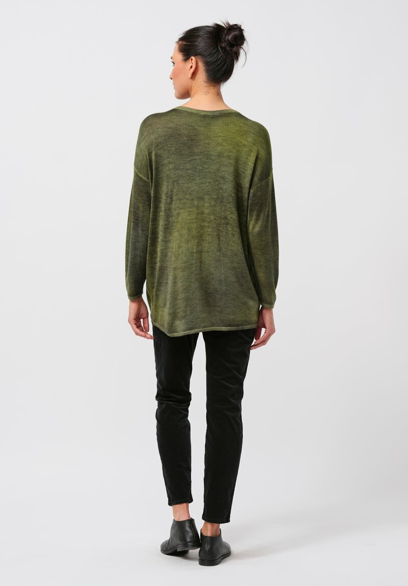 Avant Toi Hand-Painted Cashmere & Silk Crewneck Sweater in Nero Lime Green	