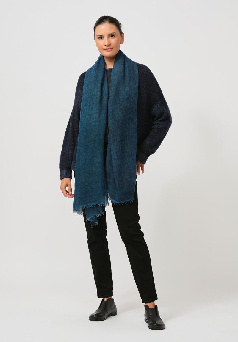 Avant Toi Hand-Painted Cashmere Sfumata Scarf in Nero Nigella Blue	