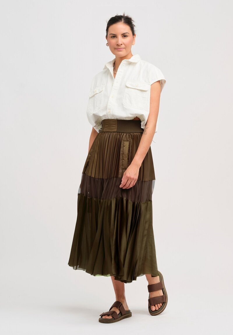 Sacai Pleated Sheer Panel Skirt in Olive Green	