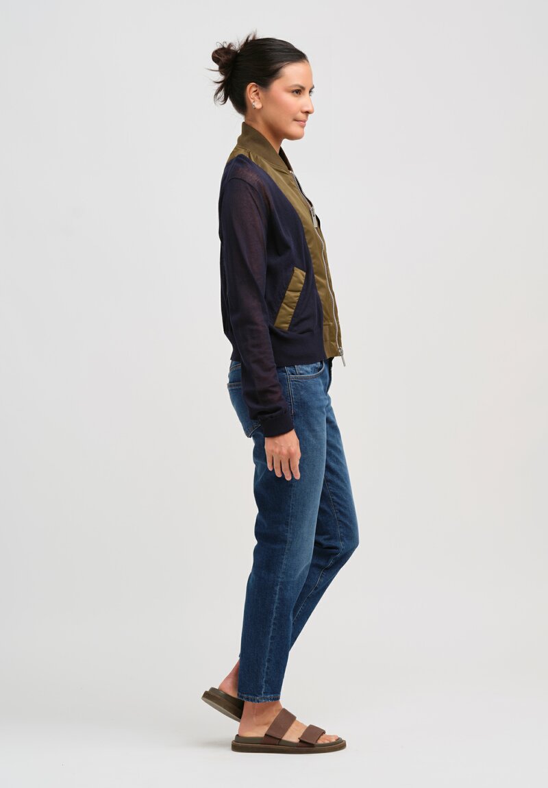 Sacai Cotton Knit Bomber Jacket in Blue & Olive Green	