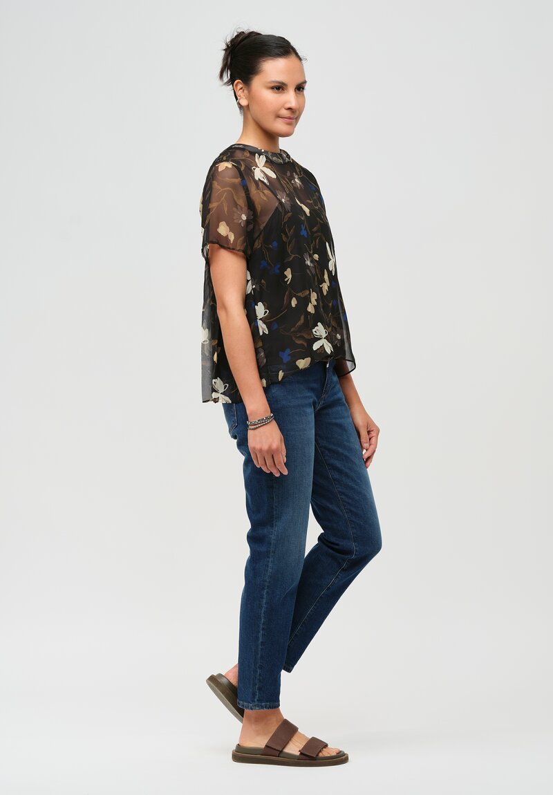 Sacai Pleated Sheer Floral Top in Black	