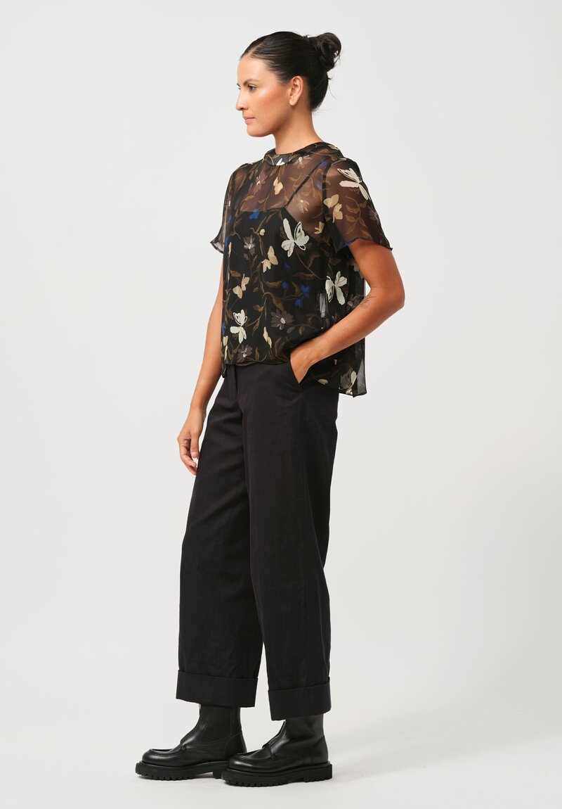 Sacai Pleated Sheer Floral Top in Black	