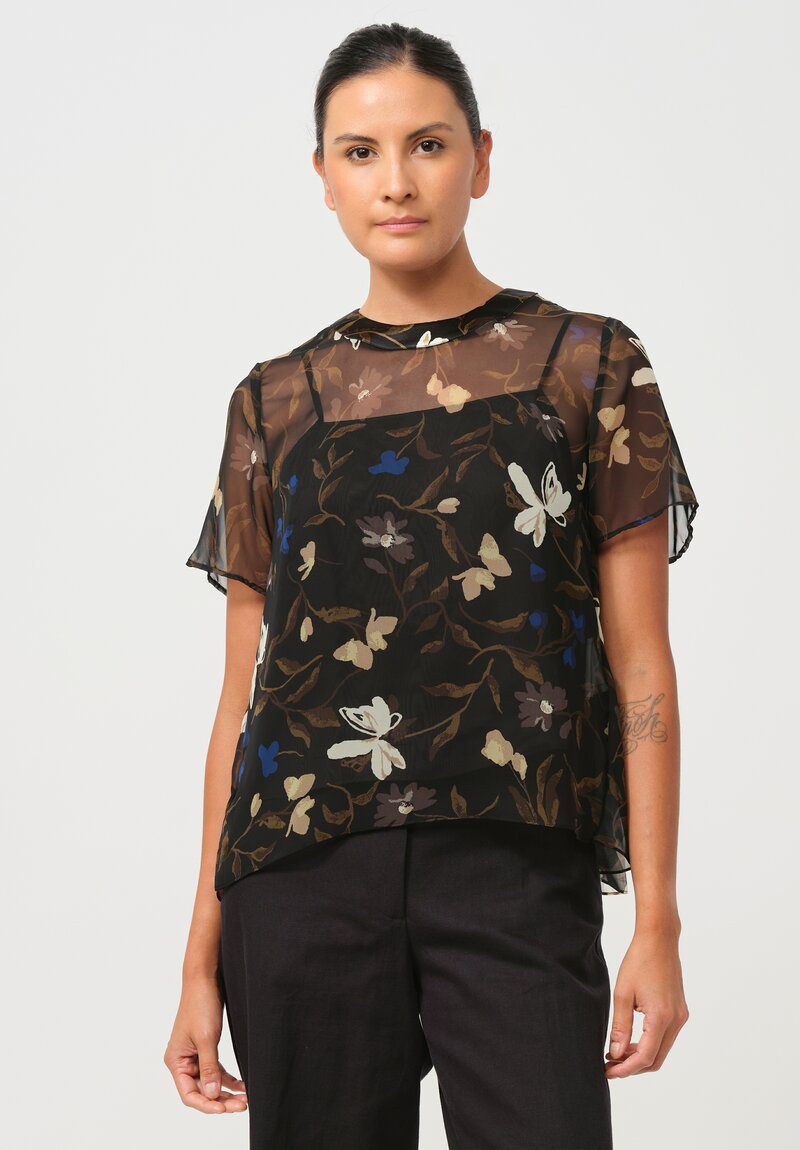 Sacai Pleated Sheer Floral Top in Black	